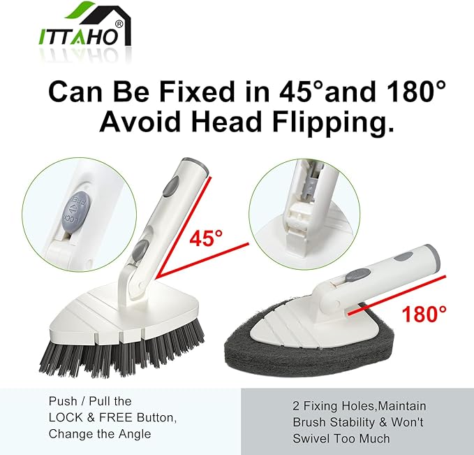 ITTAHO Tile Tub Scrubber Brush with 4 Cleaning Heads,59" Long Handle Stiff Bristles Scrub Brush with Extendable Pole, Rotatable Detachable Scrub Brush for Shower,Tile, Tub,Bathroom,Walls,Sink