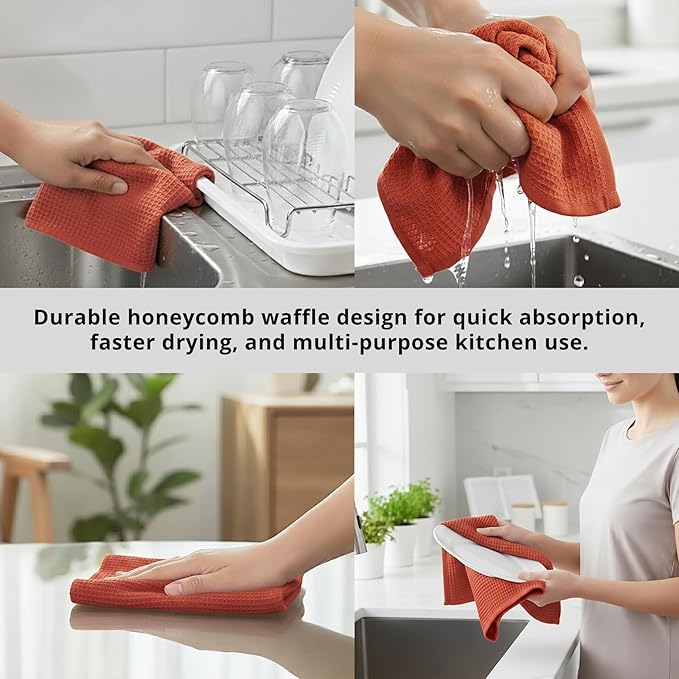 PurpleEssences Rust Waffle Weave Kitchen Towel, 100% Cotton 15x25 Inches, with Hanging Loop Soft Absorbent Quick Drying Dish Cloth, Tea and Hand Towels, 6 Pack - Christmas Holiday Winter - Rust