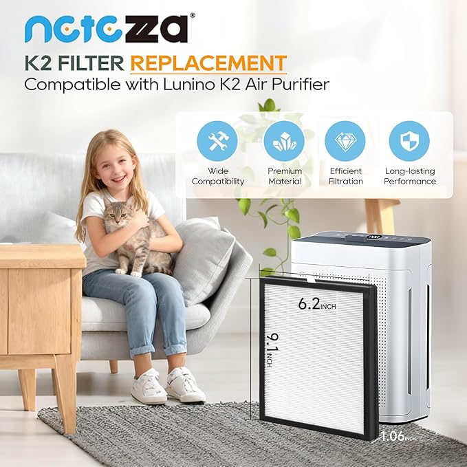 K2 Replacement Filter Compatible with Lunino K2 Air Purifier, 4 Pack Premium Double-sided Filters & 4 Pack Washable and Reusable Carbon Pre-filters