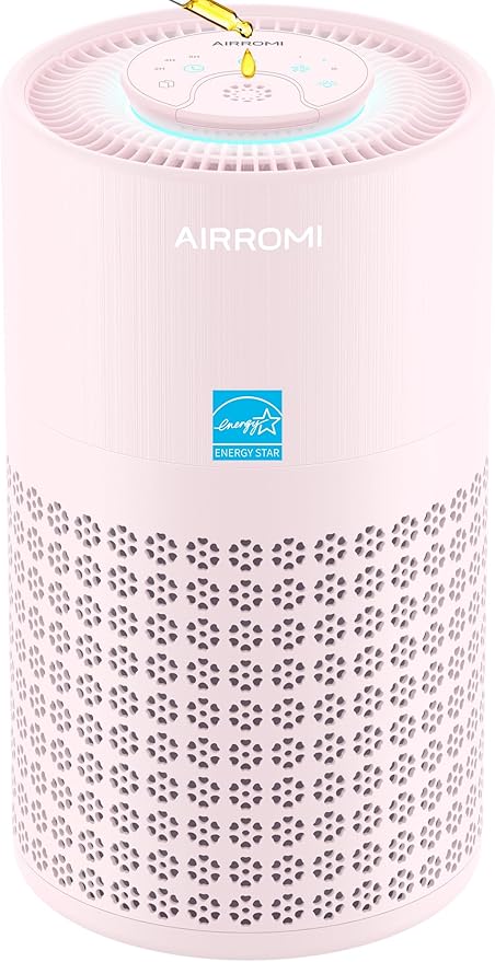 AIRROMI Air Purifier for Bedroom with HEPA 3-in-1 Filter, Pet Air Purifier for Home Cat Pee Smell, Covers Upto 990 Ft², Quiet 360° intake Air Cleaner for pet hair,allergies,Dust,Smoke A2001 Pink