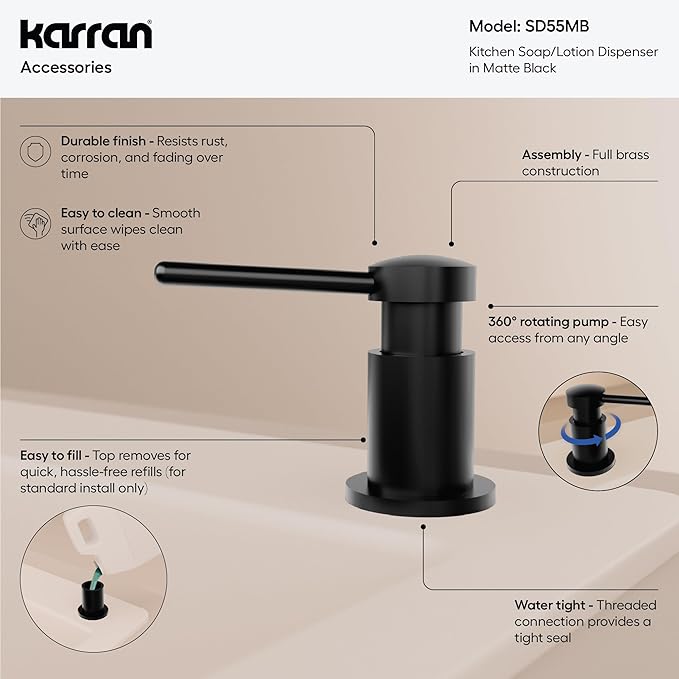 Karran SD55 Kitchen Soap Dispenser – Premium Lead-Free Brass, Dual Refill Options, 47" Undermount Tube for Large Bottles, Self-Priming Pump, Commercial-Grade Durability Matte Black