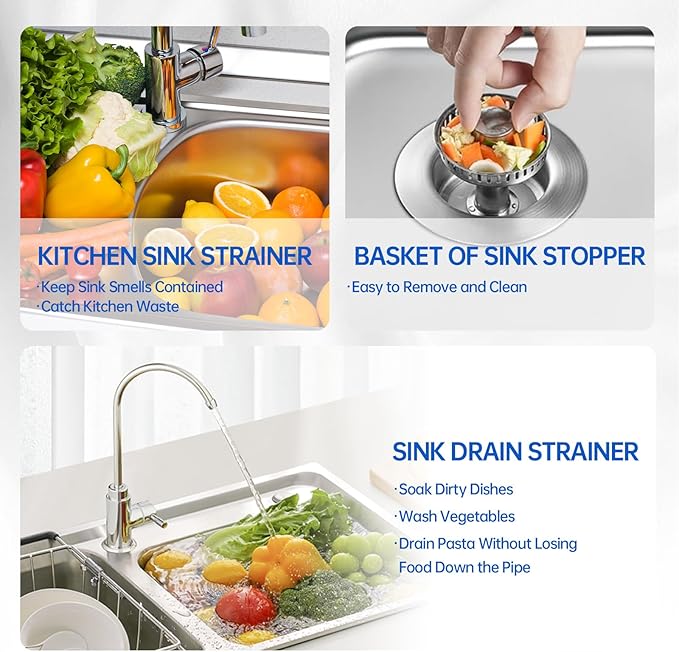 Kitchen Sink Drain Strainer, 304 Stainless Steel Sink Drain Plug, Quick Drain Kitchen Sink Plug with Anti-Clog Strainer Kitchen Sink Protector for U.S. Standard 3-1/2 Inch Sink Drain Holes.