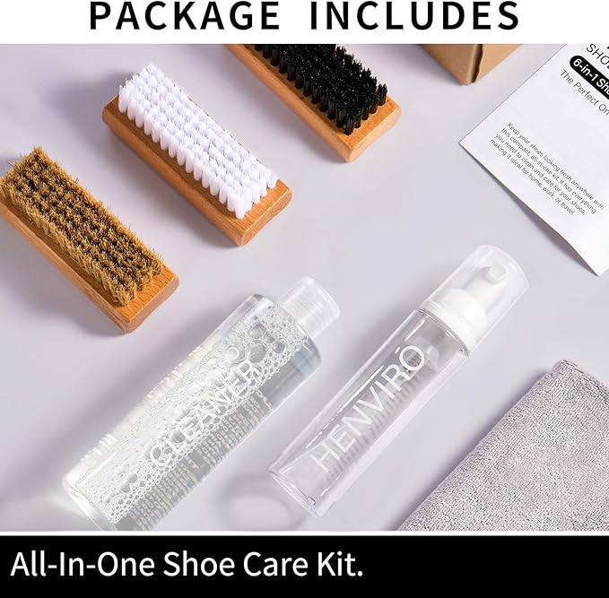 Henviro Shoe Cleaner Kit for Sneaker - 8.5 Oz Shoe Cleaning Kit with Shoe Brushes & Towel, White Shoe Sneaker Cleaner Kit, Suede Shoe Cleaner for Suede Mesh Leather Knit, and Most Materials