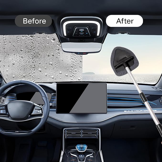 10pcs Windshield Cleaning Tool Inside Car Window Cleaner Wash Kit with 4 Reusable Microfiber Pads 1 Spray Bottle and Extendable Handle Interior Auto Glass Wiper Kit, Gray