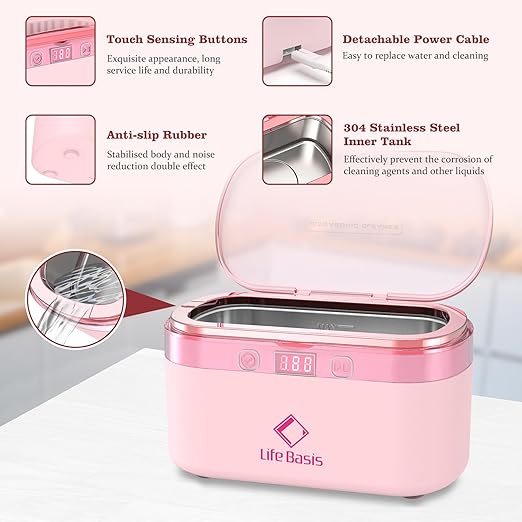 LifeBasis Ultrasonic Jewelry Cleaner, 17 OZ Ultrasonic Cleaner with 42kHz, Portable Jewelry Cleaner with 5 Cleaning Timer and Watch Holder for Jewelry Eyeglasses Watches Gold - Pink