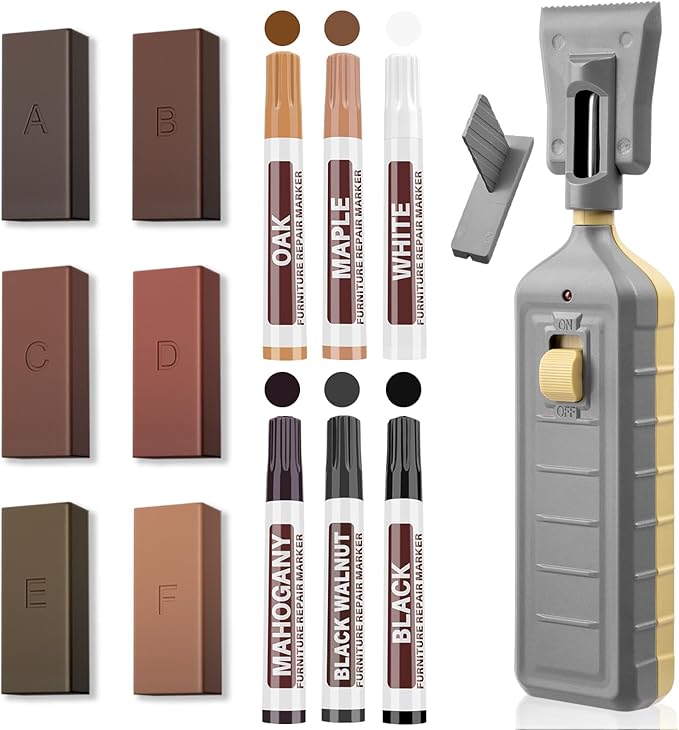 Vinyl Floor Repair Kit with Heat Pen - 6 Colors Hardwood Floor Wax Wood Furniture Marker Laminate Repair Kit Cover Scratches, Stains,Cracks, Holes for Doors, Cabinets, Table, Floors