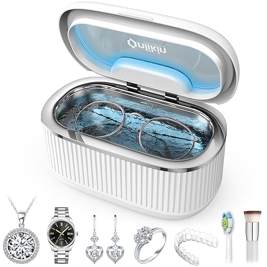 35W Ultrasonic Jewelry Cleaner, 45KHz Retainer Cleaner for Jewelry, 5 Timer & 3 Power Modes, Eyeglasses, Rings, Watch Strap, Dentures - 20oz, 304 Stainless Steel Tank, Quiet <38dB (White)