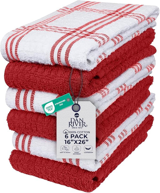 DAN RIVER Premium Kitchen Towels - [Pack of 6] 100% Cotton (16x 26 Inches) -Super Soft,Highly Absorbent, Quick Dry, Dish Towels for Kitchen Towels - Red