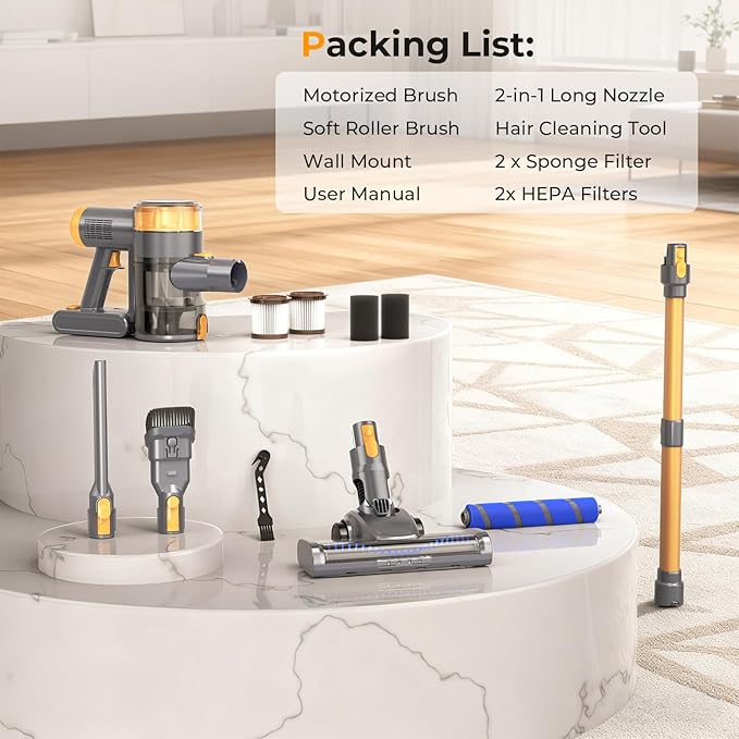 Cordless Vacuum Cleaner, 30Kpa Vacuum Cleaners for Home, Stick Vacuum with LED Display, 2 Roller Brushes for Anti-Tangle & Hard Floor, 6 in 1 Lightweight Vacuum for Hard Floors Carpet Pet Hair