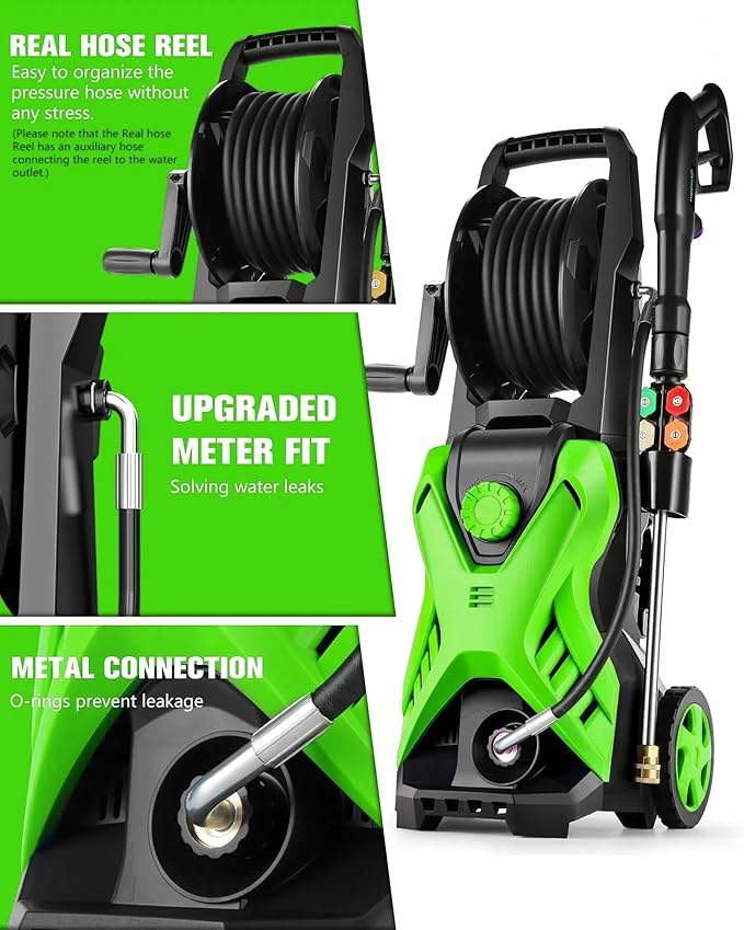 Electric Pressure Washer, 2.8 GPM High Power Washer Adjustable Pressure 2500PSI-5000PSI with 33FT Extension Hose Reel, 4 Nozzles and Soap Bottle for Cars/Fences/Driveways