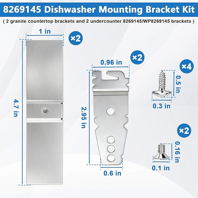 BigHead 8269145 Granite Countertop Dishwasher Mounting Bracket Kit - 2 Sets Granite Grabbers with Screws, Compatible with Whirlpool Kenmore KitchenAid, Replaces WP8269145 AP6012289 PS11745496