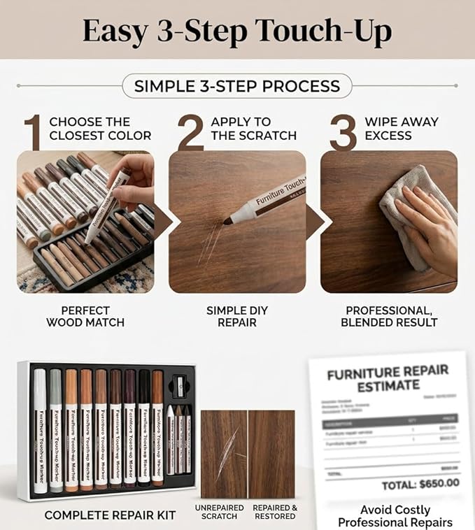 Lifreer Furniture Markers Touch Up Kit, 21 Pcs Wood Scratch Repair Kit with 10 Color Touch Up Pens, Wax Filler Sticks & Sharpener for Wood Floors, Cabinets, Tables, Desks & Bedposts