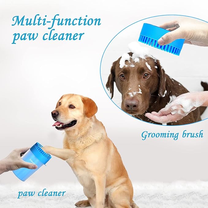 Quick Clean Dog Paw Cleaner 5-in-1 Kit, Blue (Medium) - No Full Bath Needed, Post-Walk Paw Clean - with Silicone Bath Brush, 3 Microfiber Towels - Fits Corgi 1.2-2.5 In (3.05-6.35 cm)