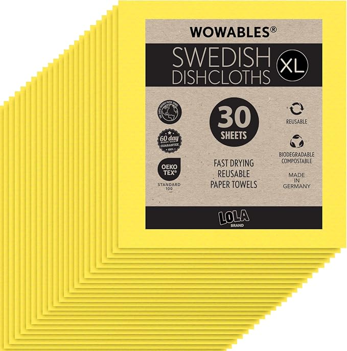 LOLA Swedish Dishcloths for Kitchen XL, 30 Sheet Roll, Biodegradable & Compostable, Reusable Paper Towel Cleaning Cloths, 11" x 10", No Odor, Washing Dishes, Ultra Absorbent Cellulose Sponge Towel