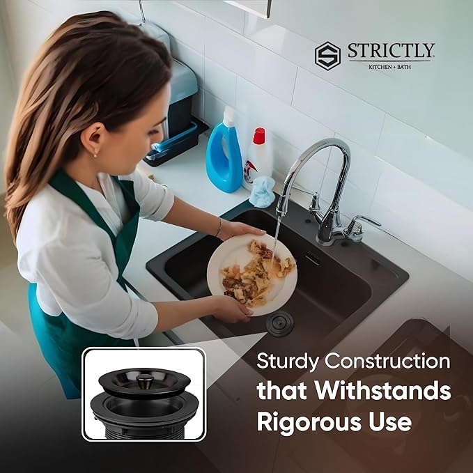 Strictly Sinks Sink Drain Strainer with Removable Basket - 3-1/2 Inch Stainless Steel Round Kitchen Sink Drain Assembly Kit with Deep Strainer Basket & Stopper (Black)