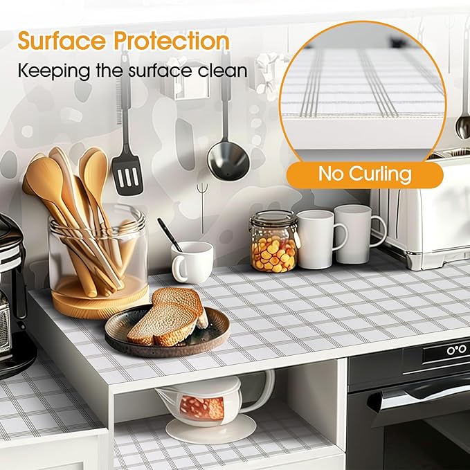 Shelf and Drawer Liner for Kitchen Cabinets Non-Adhesive, Strong Grip Non-Slip Thickened Cabinet Liners for Shelves, Waterproof Mats for Dresser Cupboard, White Square, 17 in x 20 Feet