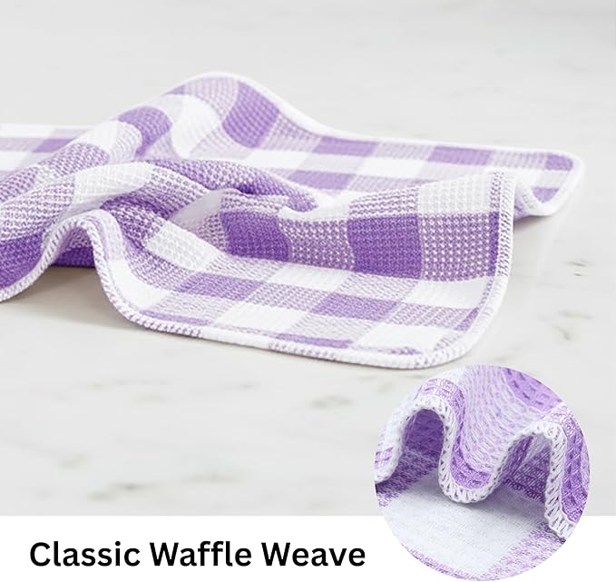 PurpleEssences Waffle Weave Plaid Dish Cloths, 100% Cotton - 12x12 Inches, Soft Absorbent Quick Drying Buffalo Check Dish Rags for Kitchen, 6 Pack - Christmas Holiday Winter - Lavender and White