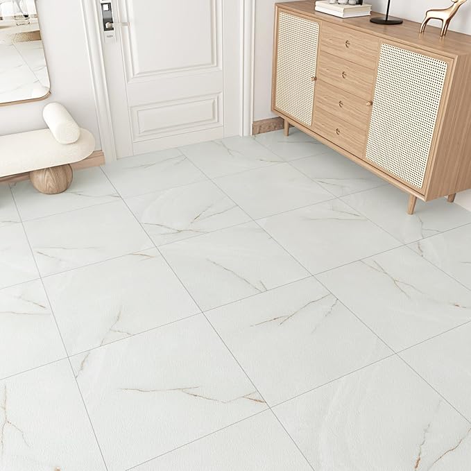LIKILIKI White/Gray Marble Peel and Stick Floor Tile for Bathroom Waterproof Marble Vinyl Flooring Tiles Stick on Floor Tiles Removable Thick Flooring Tile for Bedroom Kitchen Living Room 5PCS 12"x12"
