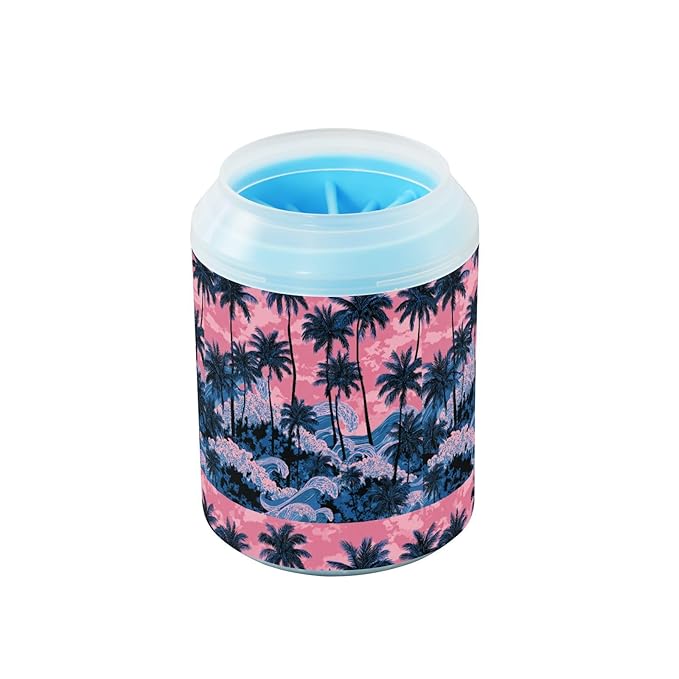 Dog Paw Cleaner Cups for Dogs Pets Foot Washer Paw Scrubber for Medium Small Cats Dogs Cute Cleaning Cup Palm Tree Wave Pink