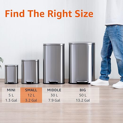 Amazon Basics Smudge Resistant Small Rectangular Trash Can With Soft-Close Foot Pedal, Brushed Stainless Steel, 12L/3.2 Gal, 11.3x9.9x15.1 in, Satin Nickel Finish