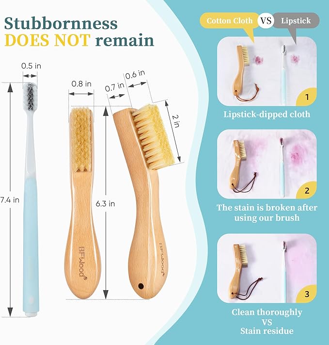 BFWood Laundry Stain Brush, Natural Soft Boar Bristles, Removes Tough Stains from Delicate Fabrics Like Knits, Cotton, and Linens, Gentle on Fabrics, No Damage