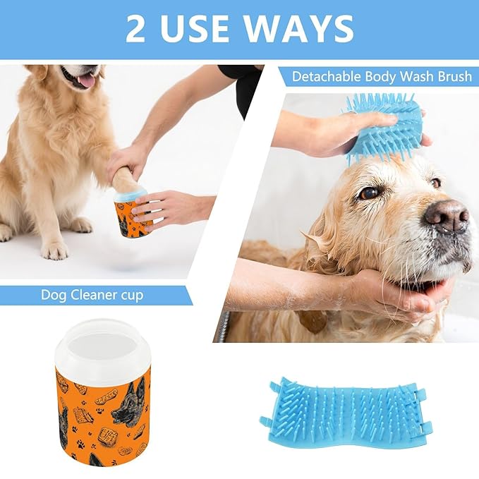 Dog Paw Cleaner Cups for Dogs Pet Foot Washer Paw Scrubber for Medium Small Large Dogs Cats Cleaning Cup Orange Shepherds Dog Paw Prints