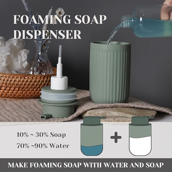 INGOFIN Foaming Soap Dispenser - 12oz Ceramic Foam Hand Soap Dispenser Bathroom, Modern Refillable Dish Dispenser with Pump for Kitchen, Matte Green