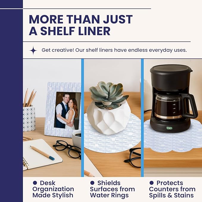 Self Adhesive Shelf Liner (2-Pack, 19.5in x 6ft) — Absorbent Felt Cabinet Liner for Shelves & Kitchen Drawers, Soft Glide Surface with Adjustable, Residue-Free Adhesive (Blue Current)
