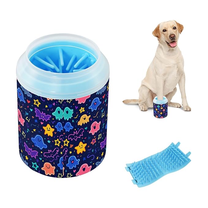 Dog Paw Cleaner Cups for Dogs Pets Foot Washer Paw Scrubber for Medium Small Cats Dogs Cute Cleaning Cup Halloween Neon Ghosts Stars and Bats