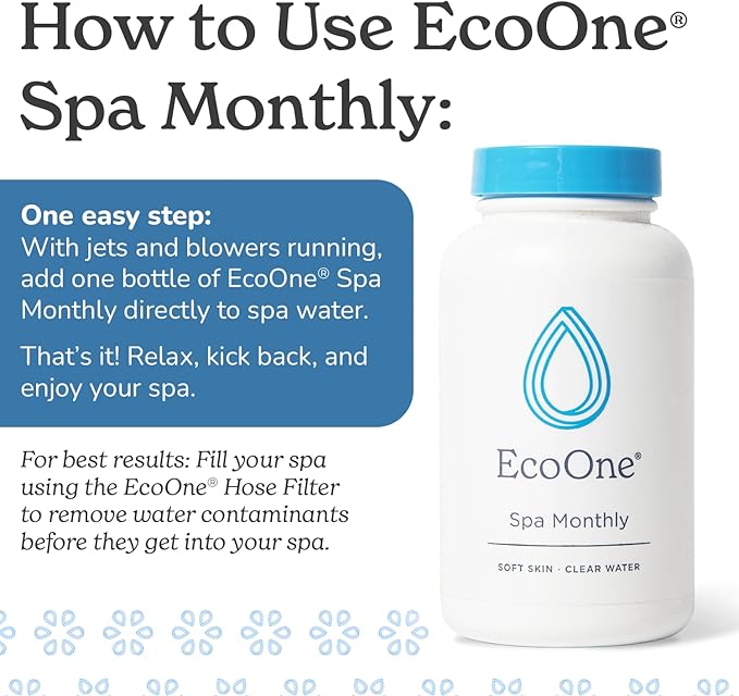 EcoOne Spa Monthly | Gentle All-Natural Spa Treatment | Conditioning Hot Tub, Pool, & Spa Cleaner | Above, In-Ground, or Inflatable Hot Tub Cleaner Stabilizes pH & Alkalinity, 8 Oz, (6-Pack)