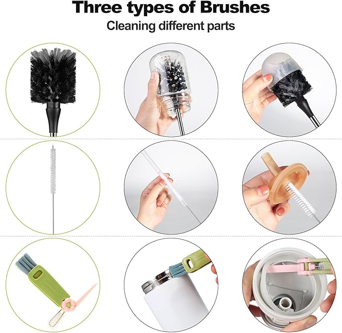 [3 Pack] Bottle Brush, 15 Inches Stainless Steel Long Handle Baby Bottle Scrub Cleaning Brushes with Straw & Lid Brushes for Sports Water Bottle, Cups, Coffee Mugs, Glasswares