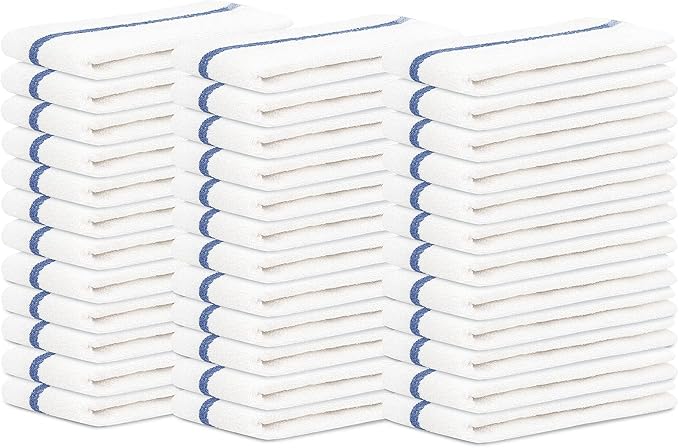 Bar Mops Blue Stipe Pack of 36 Kitchen Towels 16x19 Multi-Purpose for Home, Restaurant and Cleaning White Absorbent Washcloth Dishcloths Sets, Reusable Dish, Cloths Rags