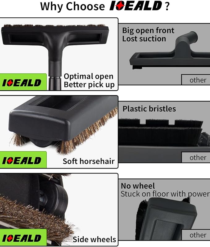 Universal Vacuum Floor Brush Attachments - Vacuum Attachments & Brushes, 12-Inch Swivel Head with 1-1/4”(32mm) Diameter Horse Hair Soft Bristles, 360° Swivel & Wheels for Hard Floors, Tile Cleaning