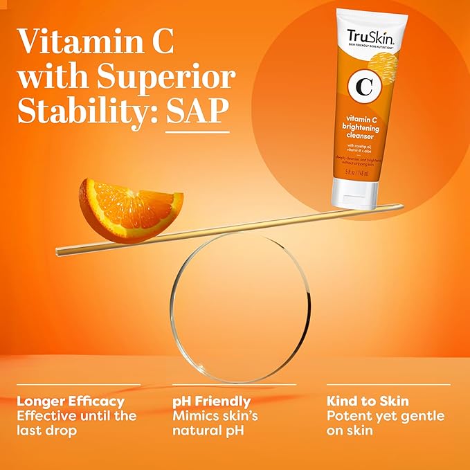 TruSkin Vitamin C Face Wash Cleanser - Brightening Facial Cleanser with Vitamins C & E, Rosehip Oil, Aloe Vera & MSM - Gently Cleanses, Refreshes & Supports Radiant Skin - 5 fl oz