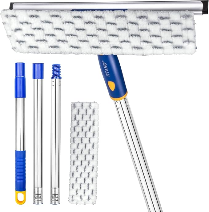 ITTAHO Squeegee for Window Cleaning with Extendable Pole, 53" 2-in-1 Window Cleaning Tool Kit, Shower Squeegee with Long Handle, Indoor/Outdoor High Window Cleaning-Two Pads