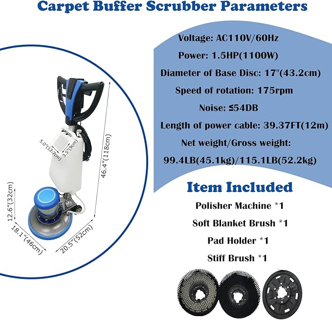 Floor Polisher Scrubbing Machine Commercial Floor Polisher 17'' Floor Scrubber Buffer Multifunctional Carpet Cleaner Heavy Duty Polisher Machine with Three Brushes 110V 1.5HP