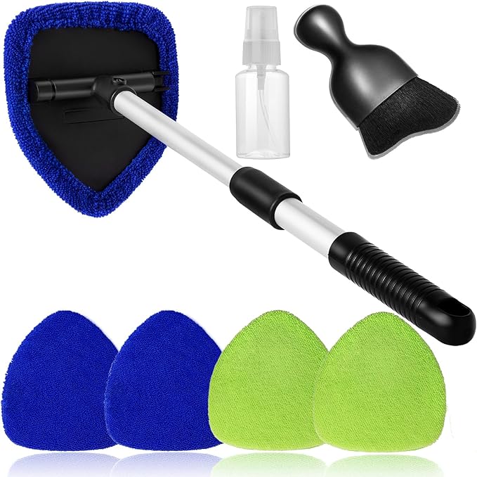 7pcs Windshield Cleaner Tool Car Window Cleaning Wash Kit with 4 Reusable Microfiber Pads 1 Spray Bottle and Extendable Handle Auto Glass Wiper Kit, Blue&Green