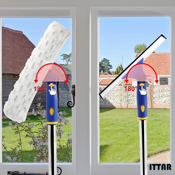 ITTAR Window Squeegee with 2 Sets Stainless Steel Pole, Squeegee Cleaning Tools with Microfiber Pads, 60"-72" Telescopic Window Washing Kit, Professional Squeegee Cleaner for Home Car Outside Glass