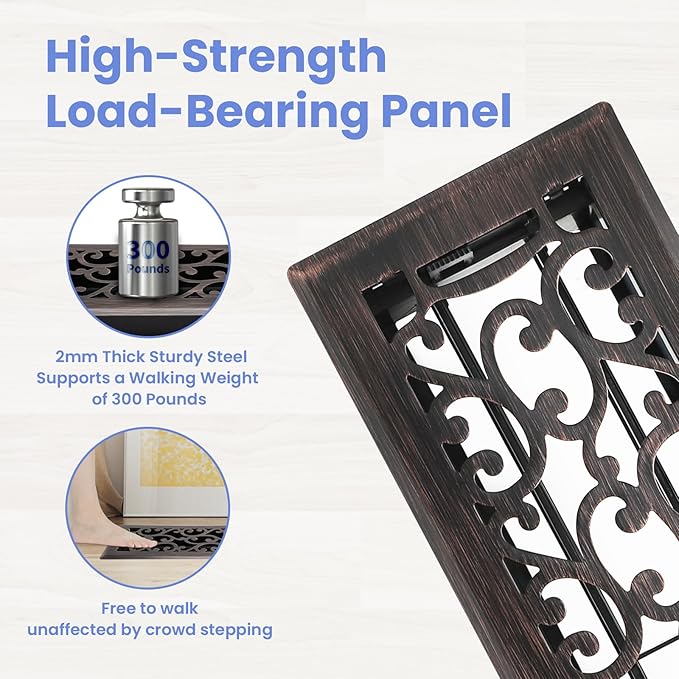4x14 Inches 2 Pack Heavy Duty Walkable Floor Register - Easy Adjust Air Supply Lever Decorative Floor Vent Covers, Savannah Design Vent Covers for Home - Oil Rubbed Bronze