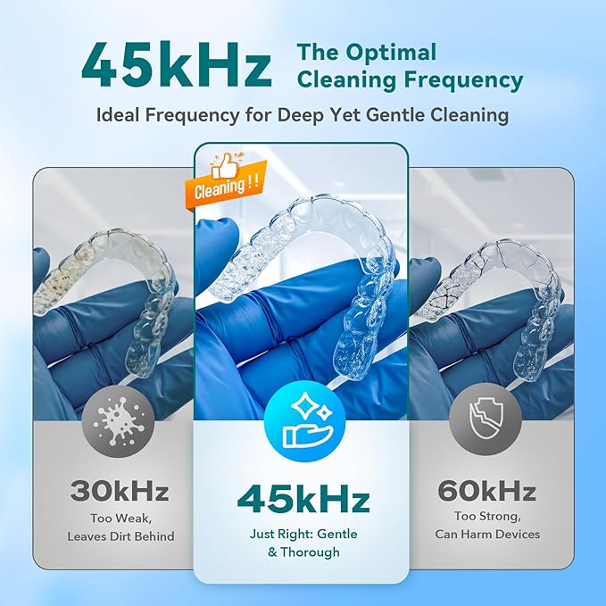 Dental Ultrasonic Retainer Cleaner Machine: 45kHz Dental Cleaning Pod for Denture, Mouth Guard, Night Guard, Aligner, Braces, Toothbrush Head & Jewelry, UV Cleaner with Digital Timer & 4 Modes, Blue