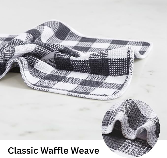 PurpleEssences Waffle Weave Plaid Dish Cloths, 100% Cotton, 12x12 Inch, Soft Absorbent Quick Drying Buffalo Check Dish Rags for Kitchen, 8 Pack, Christmas Holiday Winter - Steel Grey & White