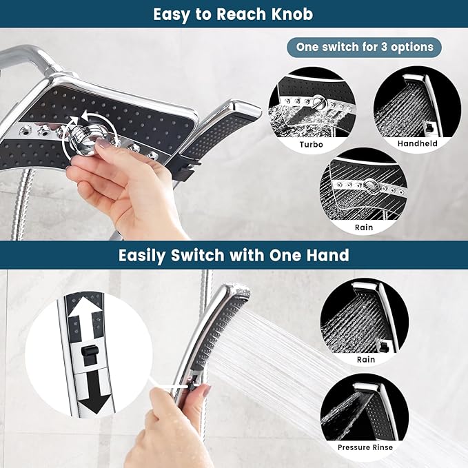 BRIGHT SHOWERS High Pressure Dual Shower Head Combo, Handheld Showerhead Rainfall Shower Head Set with Black Face, 60 Inch Long Stainless Steel Shower Hose, Chrome