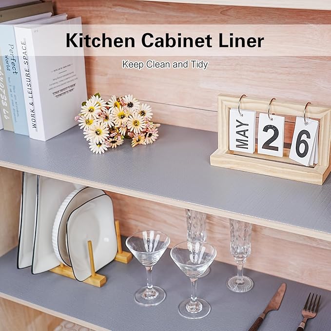 Drawer and Shelf Liner for Kitchen Cabinet,Non-Adhesive Cabinet Liner 18in x 20FT,Waterproof Shelf Paper Non-Slip Mats Cupboard Liners Contact Protect Dresser/Shelves/Table-Grey