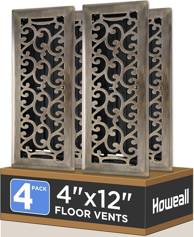 4x12 Inches 4 Pack Heavy Duty Walkable Floor Register - Easy Adjust Air Supply Lever Decorative Floor Vent Covers, Savannah Design Vent Covers for Home - Antique Brass
