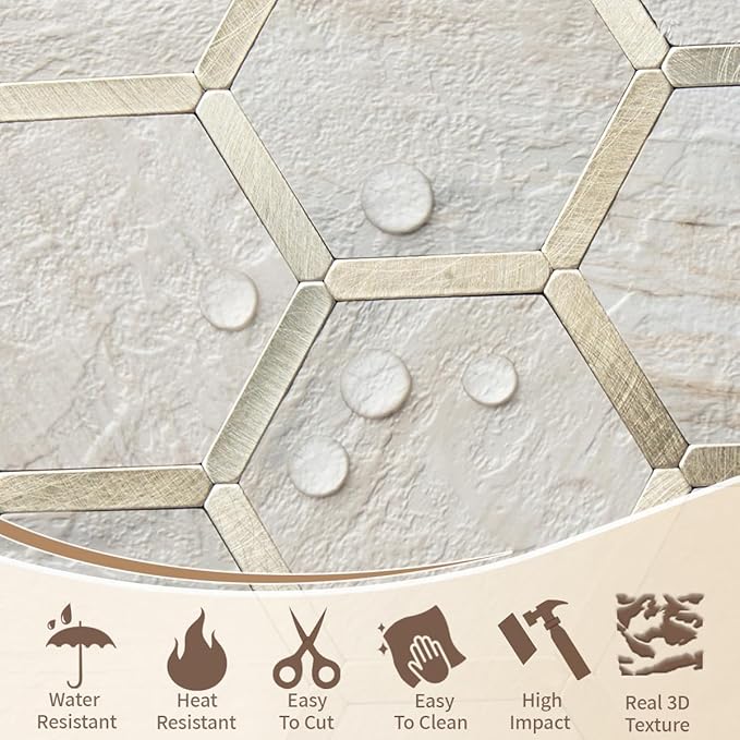 DICOFUN 10-Sheet Hexagon Peel and Stick Backsplash Tile, Beige Slate Mixed Gold Kitchen Backsplash Peel and Stick Wall Tiles