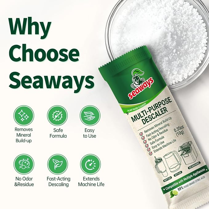 Multi-Purpose Descaler and Cleaner Powder (40-Uses) for Ice Maker Machine, Kettle, Tumbler, Bottles, Coffee Machine, Faucets, Shower Head, Limescale and Build-Up Remover, 20*0.35 oz (2 Packs)