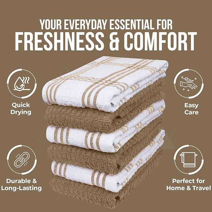 DAN RIVER Premium Kitchen Towels - [Pack of 6] 100% Cotton (16x 26 Inches) -Super Soft,Highly Absorbent, Quick Dry, Dish Towels for Kitchen Towels -Tan