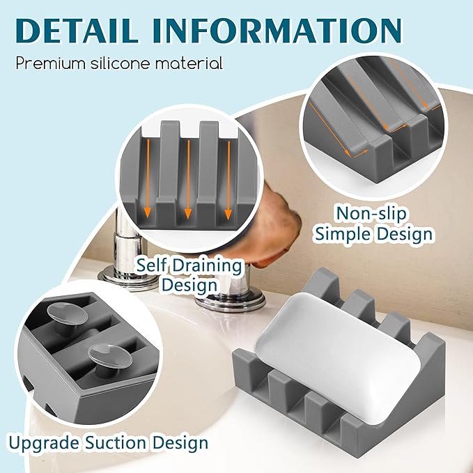 Silicone Soap Dish with Drain, Upgrade Double Suction Cups at The Bottom for Anti-Slip and Stability, Soap Dish Shower Waterfall Bar Soap Holder Tray with Drain Soap Holder (1, Grey)