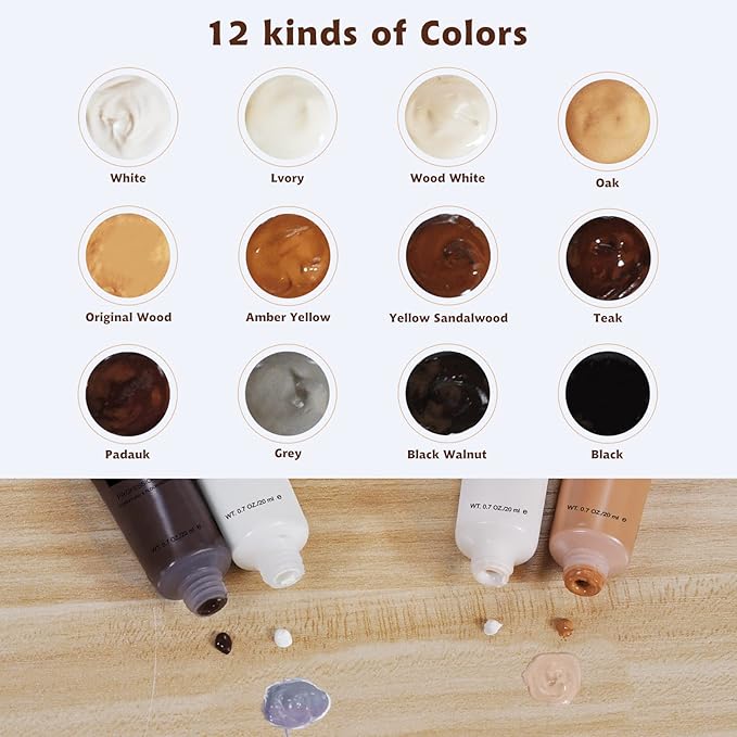 SEISSO Wood Furniture Repair Kit, 12 Colors Wood Repair fillers with Wood Putty. Used for Stains, Scratch, Wood Floors, Stains, Tables, Desks, and Cover Ups