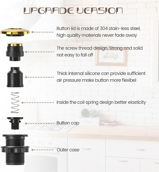 Garbage Disposal Air Switch Kit Sink Top Waste Disposal Long Stainless Steel Golden Polished On/Off Air Button Food and Waste Disposals Part by Etoolcity, UL Listed LF40-C063